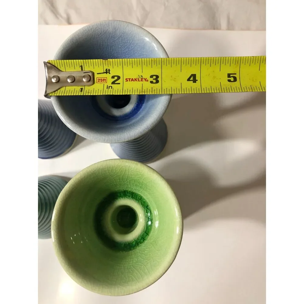 Pair Vintage IKEA Skamt Ceramic Taper Candle Holder Blue or Green Y2K Postmodern